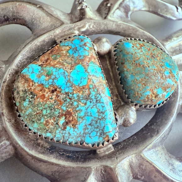 1960's Native American Sand Cast Sterling Silver Turquoise Begay Belt Buckle - Picture 3 of 6